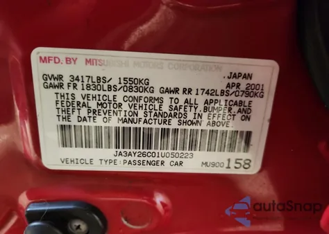 2001 Mitsubishi Mirage Es из США, поврежденный, VIN JA3AY26C01U050223